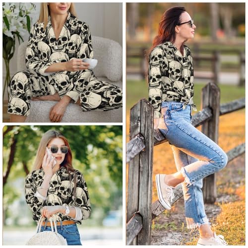 Image of Women'S Long Sleeve Pajama Set Soft Loungewear Button-Down Top & Elastic Waist Pants S- 2XL