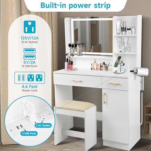 Image of QUALIKRAFT Widescreen Vanity Set with LED Mirror & Stool, Makeup Desk with Built-in Power Outlet, 2 Drawers & 6 Shelves, Wide Lighted Dressing Table