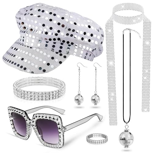 Gegvdfe Disco Accessories Set for Women 1970s Outfits Sequin Hat Disco Ball Earrings Sequin Scarf for Party Supplies (Silver)