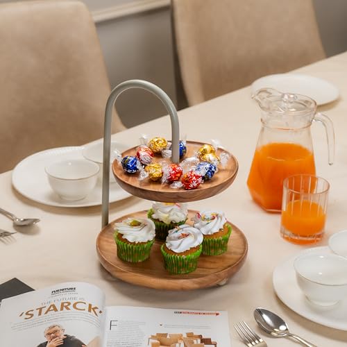 Image of KeshArc Multipurpose Serveware - Metal & Acacia Wood 2-Tier Stand - Serving Stand for Snacks, Desserts & Table Display (10.75x10x12.5 inches)