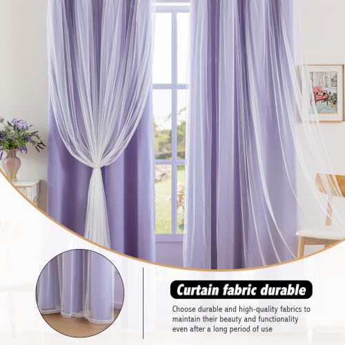 Image of Anytime Double Layer Blackout Curtains 2 Panels,52Wx80L,Lavender | Sheer And Fabric Window Drapes Grommet Top Solid Color Bedroom Living Room Home Decor