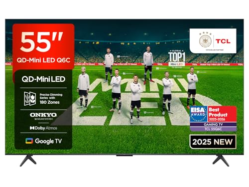 TCL 55 Zoll 55Q6C QLED Mini LED Fernseher, 4K HDR Premium, Dolby Vision IQ & Atmos, Onkyo 2.1, Smart Google TV, Game Master, 144Hz Motion Clarity Pro, AMD FreeSync Premium Pro, HDMI 2.1, AirPlay 2
