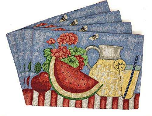 Tache Fruity Drinks Colorful Watermelon Lemonade Decorative Spring Summer Light Blue Woven Tapestry Placemats Set of 4, 13x19”
