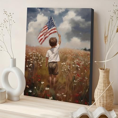 Image of Framed Patriotic American Flag Wall Art, USA Canvas Art Pictures, Red White Blue Wall Decor, Made in USA Ready to Hang for Living Room Bedroom Office Man Cave