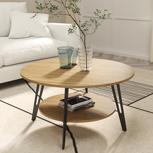 Manora Table basse, table de salon, table d'appoint, ronde, en bois, table basse avec espace de rangement, métal, style moderne (chêne clair)