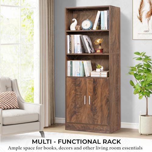 Image of ABOUT SPACE 5 ft Kitchen Cabinet - 5 Tier Wooden Storage Cabinet with 3 Open Shelves & 2 Magnetic Door Crockery Cabinets, Easy to Assemble for Home Living Room (Walnut - L 57 x B 25.5 x H 158 cm)