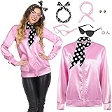 AOTHSO 1950s Pink Satin Jacket with Headband Scarves Earrings Glasses for Women 8 Pieces Halloween Adults Cosplay Costume Set