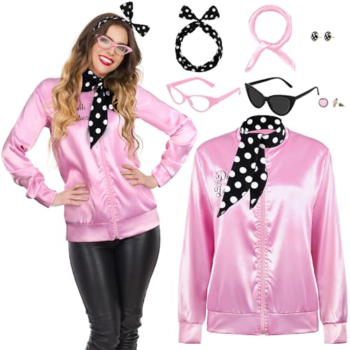 AOTHSO 1950s Pink Satin Jacket with Headband Scarves Earrings Glasses for Women 8 Pieces Halloween Adults Cosplay Costume Set