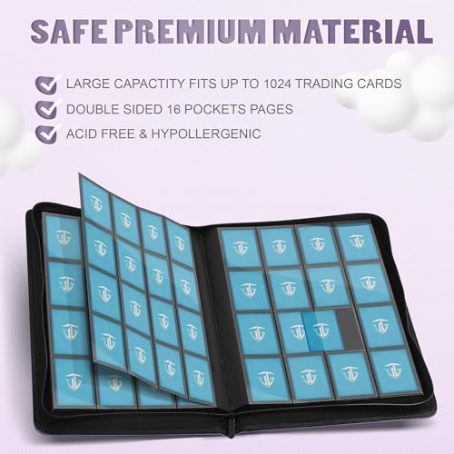 Image of 16 Pockets Trading Card Zipper Binder for 1000+ Cards| Secure Side Loading Pockets | Trading Card Album Folder | Compatible with YuGiOh, MTG,Sports Cards (Purple 16)