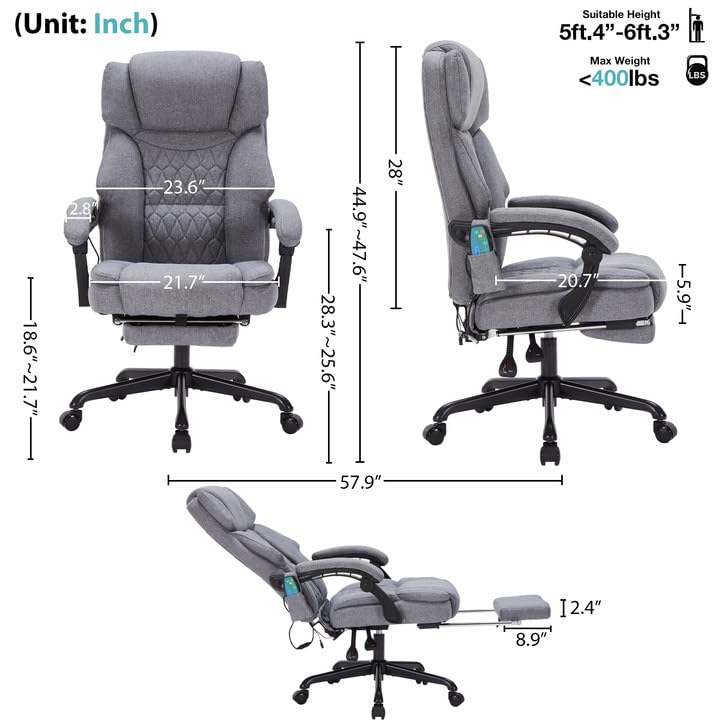 Image of Massage Office Chair with Foot Rest 6 Points Vibration and Heat Home Office Desk Chairs for Heavy People 400lbs Reclining Managerial Chairs Ergonomic Executive Chair (Grey)