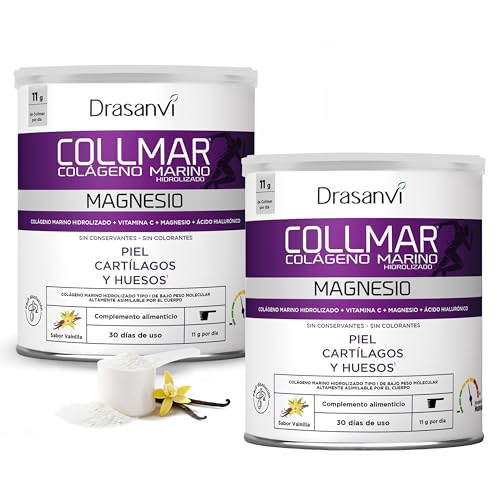 DRASANVI COLLMAR COLAGENO HIDROLIZADO con Ácido Hialurónico, Magnesio y Vitamina C Natural - Huesos, Articulaciones y Piel - Colágeno Marino 9.717 mg/día | 2 X 340 GR = 60 días | Sabor Vainilla