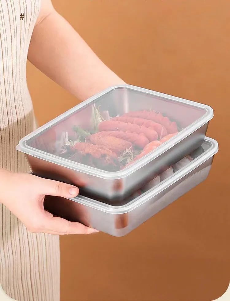 Image of BRAVIK 2000ML Stainless Steel Food Storage Container with Transparent Airtight Lid, 25cm Rectangular Deep Serving & Baking Tray Fridge, Freezer, Oven & Dishwasher Safe Leakproof Meal Prep Box (2)