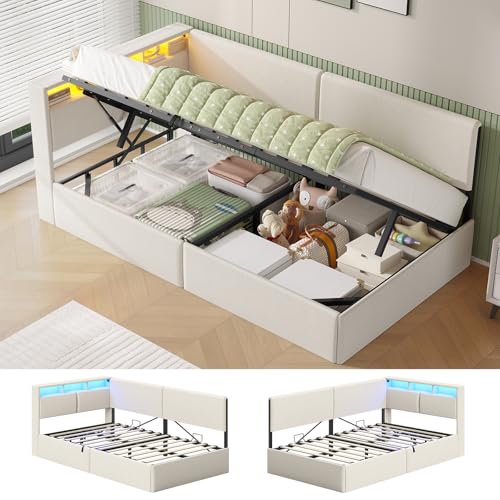 AOGLLATI Canapé lit 90 x 200, Lit Coffre 90 x 200 avec LED et Ports USB, Lit Hydraulique avec Tête de Lit capitonné et Rangement, Lit Enfant avec Lattes en...