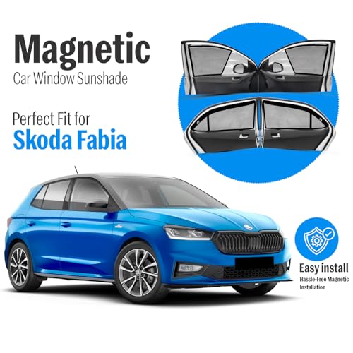 Image of Autofact Magnetic Car Sunshades Compatible with Skoda Fabia (Set of 4) - Easy Installation, UV Protection, Keeps Car Cool (Front 2 Half-Cut for Side Mirror Visibility, Rear 2 with Zippers)