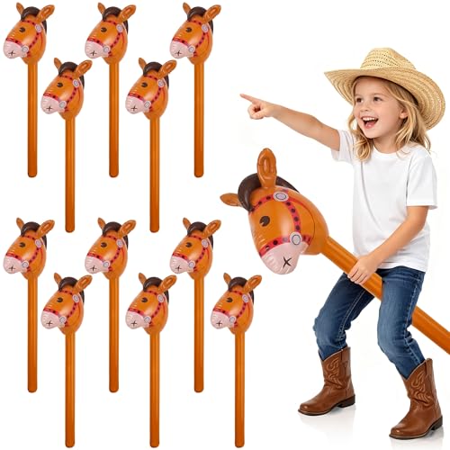 12 Pcs Inflatable Stick Horse 37 Inch Horse Head Blow up Balloon for Western Cowboy Cowgirl Themed Baby Shower Birthday Party Decorations (Brown)
