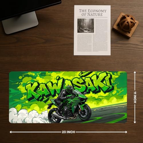 Image of Moto Edition Desk Mat 23x11 Inch - Racing-Themed Keyboard & Mouse Pad for Office, Home & Gaming | Non-Slip Rubber Base, Waterproof Surface, Supercar & Bike Inspired Table Mat (Green Rider)