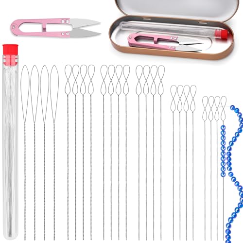 Riddur 26 Stück Perlennadeln, Perlennadeln zum Auffädeln von Perlen mit Aufbewahrungsbox, Schere, Große Auge Perlen Nadel Von Schmuckherstellung & Diy Handarbeiten (0,2mm-0,7mm)