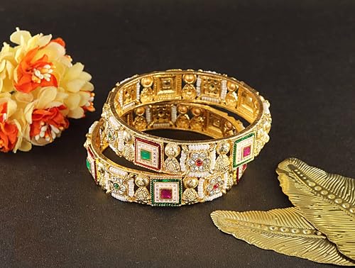 Image of NMII Gold Metal Bangles Rajwadi Style Kangan Set For Women & Girls With Zircon Diamond & Pearls | Traditional Girl's Bangles Bracelet | Kada For Women Trendy | Wedding, Party, Daily- Set Of 2