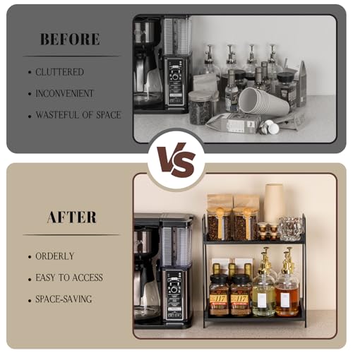 image for ANBOXIT 2-Tier Coffee Station Organizer, Wooden Kitchen Counter Shelf 