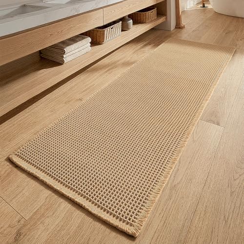 MIULEE Waffle Bathroom Runner Rugs Super Absorbent Non Slip Bath Rug Upgraded Soft Quick Dry Washable Boho Large Bath Mat with Tassels for Hallway Laundry Room Bedroom 2x5 (24x60) Brown