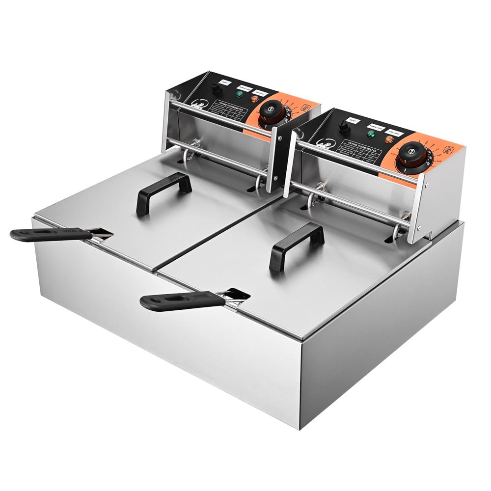 5000W Commercial Dual Tank Deep Fryer, 24L Fryer with Dual Tank Baskets Stainless Steel Overheat Protection Electric Countertop Fryer for Restaurant Kitchen Tabletop Frying Machine