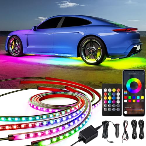 Glowlendra Underglow Car Lights, 4 pcs RGB-IC Smart LED Lights with APP and Remote Control, 16 Million Colors DIY Sound Active Function Music Mode, Underglow Kit for Car, SUVs, Trucks (Dream Color)