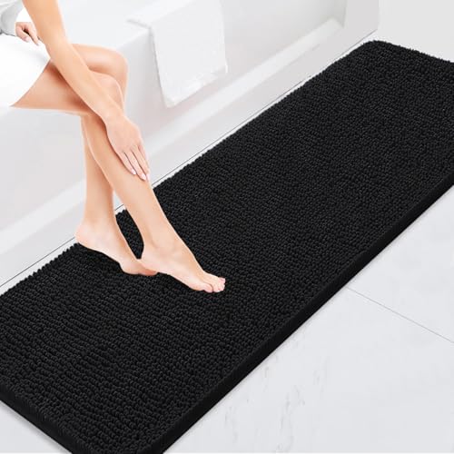 Image of BOANKODU Bathroom Rugs 59x24, Extra Soft Absorbent Chenille Bath Rugs, PVC Backing Quick Dry, Machine Washable Bath Mats for Bathroom Floor, Tub and Shower, Home Decor Accessories,Black