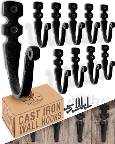 Cast Iron Wall Hooks (10 Pack) Handmade Blacksmith - Wall Mounted J Hooks - Farmhouse Decorative - Vintage Hooks for Hanging Coats, Bags or Pots in Pantry (Black, 2 Screws Each Hook)