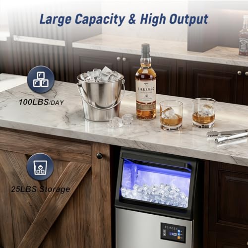 Image of 100LBS /24H Commercial Spray Ice Maker, 25LBS Storage Bin, Stainless Steel Ice Machine with Automatic Cleaning, Freestanding Undercounter Ice Maker for Restaurant Bar Home