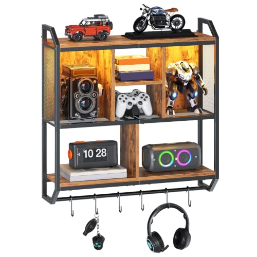 Image of HOOBRO Gaming Floating Shelf with LED Lights, 28.7 inch LED Wall Mounted Shelf, 3-Tier Display Rack for Wall Storage, Floating Rack with Hanging Rod and 6 S-Hooks, Rustic Brown and Black BF70DBJ01