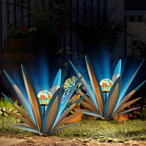 TOMBABY Solar Rustic Garden Style Metal Agave Plants Outdoor Patio, Home Decor Hand-Painted Metal Agave Garden Patio Statues, Suitable for Desert Areas, Outdoor Lawn Decorations (2 Solar Blue)