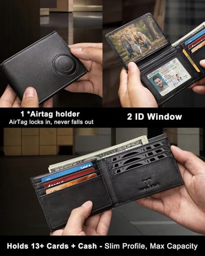 Men's Wallet with Airtag Holder, Full-Grain Leather Wallet for Apple Air Tag, Airtag Wallet Men with 2 ID Windows, 13 Card Slots2