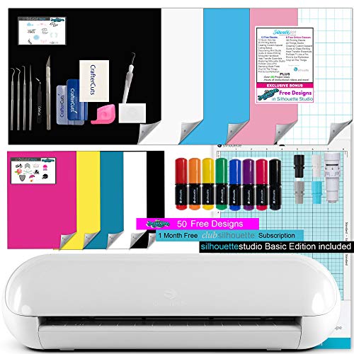 Silhouette Portrait 3 Bundle with Silhouette Vinyl Starter Kit, Silhouette Heat Transfer Starter Kit, Basic Starter Pack of Pens, CrafterCuts Deluxe Tool Kit, and Access to Ebooks, Tutorials, Classes.