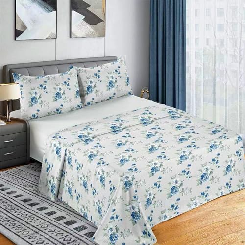 Etrexonline Conjunto de Sábanas 4 Piezas Cama 135 cm - Microfibra Ultra Suave Incluye 1 Bajera 135x200+28 cm, 1 Encimera 210x270 cm, y 2 Fundas de Almohada 50x75 cm - Color Flor Azul Claro
