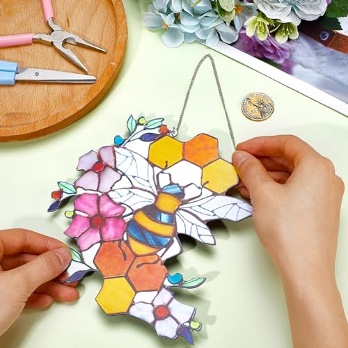 CREATCABIN Bees Stained Acrylic Suncatcher Honeycomb Window Hanging Decor Double Side Hand-Painted Ornament with Chain for Bee Lover Gift Mom 6.5x6.5 Inch - Image 3