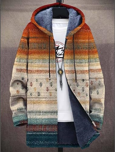 Men's Long Cardigan Hoodies 2023 Fashion Patterned Fleece Lined Full Zipper Cable Knit Sweater Coats with Pockets2