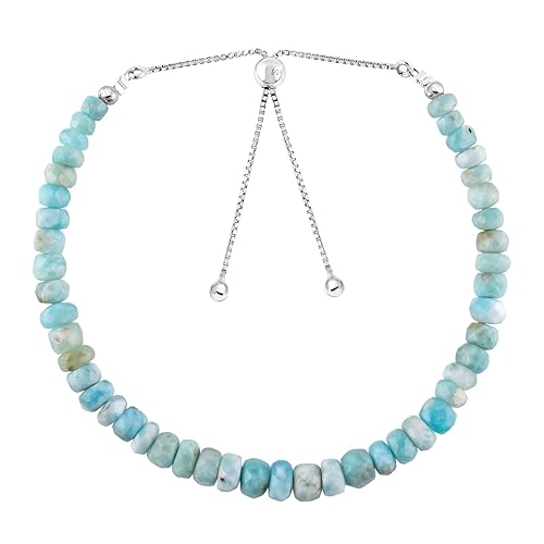 Natural Sky Blue Larimar Gemstones Bolo Bracelets, Dolphin Stone, Chakra Healing Crystals Jewelry, Rhodium Plated 925 Sterling Silver, Adjustable
