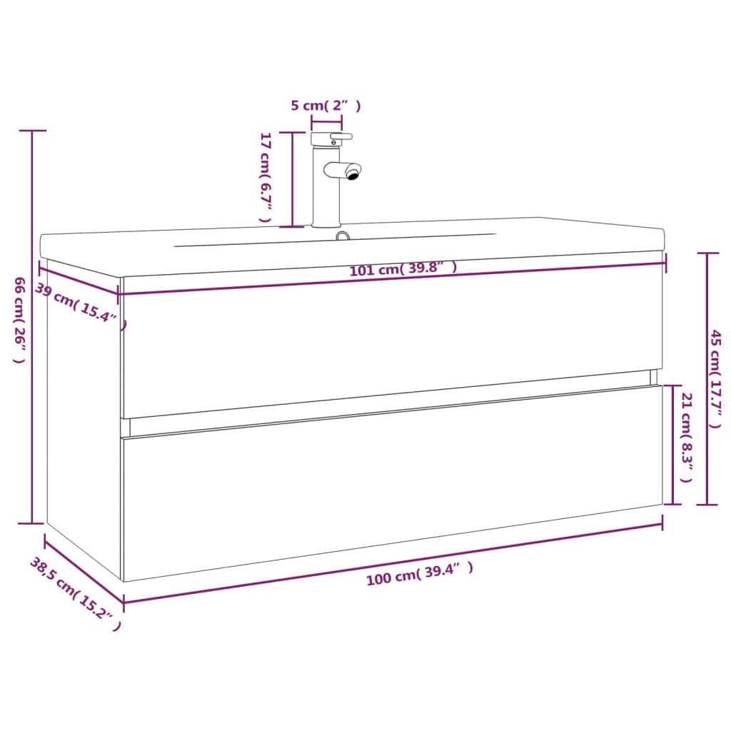 Mobile lavabo con lavabo da incasso in legno di rovere affumicato, 100 x 38,5 x 45 cm, con lavabo in ceramica e cassetto, per mobili da bagno, WC degli ospiti, montaggio a parete, spazio e