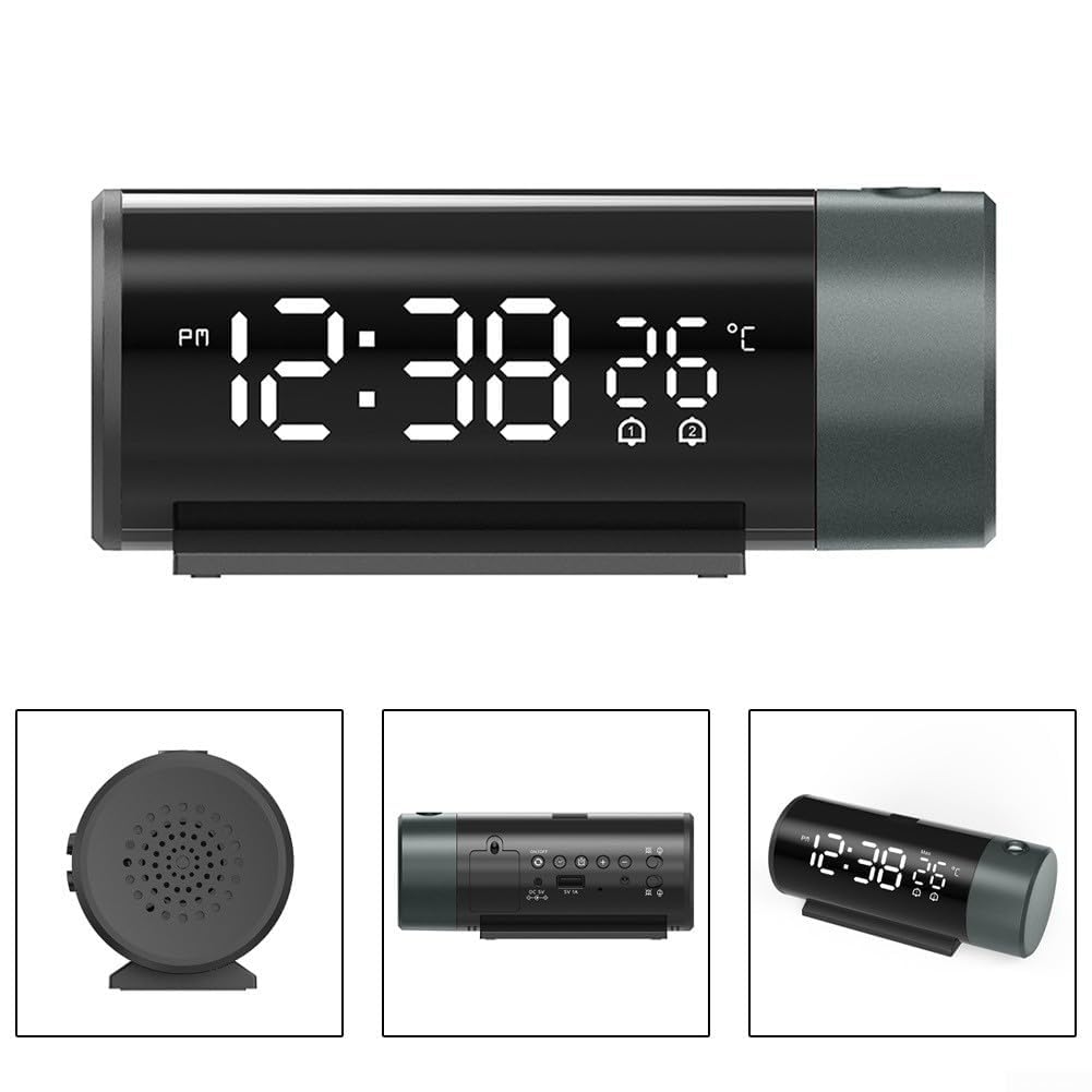 Orologio a proiezione per camera da letto, orologio digitale con proiettore a 180° sul soffitto con dimmer a 4 livelli, sveglia con data, temperatura, luce notturna, orologio elettronico ricaricabile