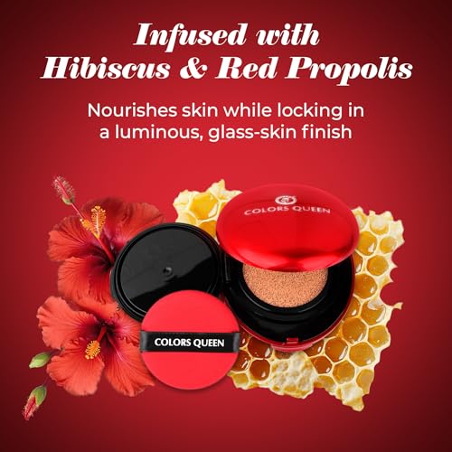 Image of Colors Queen Red Cushion Foundation | Ultra-Light Weight Formula | Satin Glow Finish with Full Coverage | Nourishing & Hydrating | 72 Hours Long Lasting Cushion Foundation for Women | Suitable for All Skin (03 - Almond Glow, 18g)