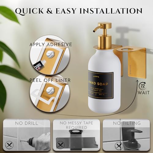 Shower Shampoo Dispenser Wall Mounted – Refillable 16.9 oz White Bottle with Stainless Steel Pump & No-Drill Adhesive Holder – Soap Dispenser for Bathroom (1 X White/Gold) - image 4