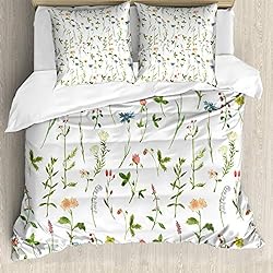 Edredones Estampados Florales ABAKUHAUS Floral Ensemble de Housse de Couette, Flores de la Hierba de Las Acuarelas, Estampado Lavable, 3 Piezas con 2 Fundas de Almohada, 200 cm x 200 cm - 80 x 80 cm, Multicolor