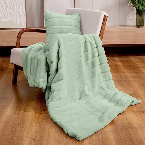 Cozy Bliss Luxury Super Soft Striped Faux Fur Throw Blanket For Couch, Size, 50"X60" Green, Extra Soft, Fluffy, Warm, Anti-Static, Plush Blanket For Sofa Bed Living Room Bedroom Car #TOP5