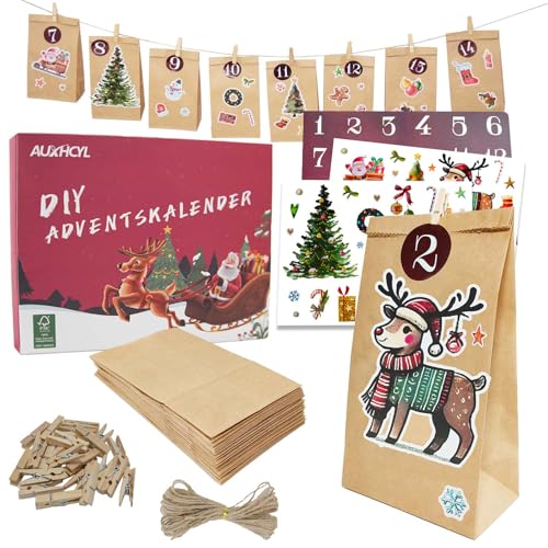AUXHCYL Adventskalender zum Befüllen Tüten, 2025 Weihnachtskalender Selber Machen, 24 Pcs DIY Adventstüten zum Befüllen, Adventkalender Selber Basteln für Kinder & Erwachsene