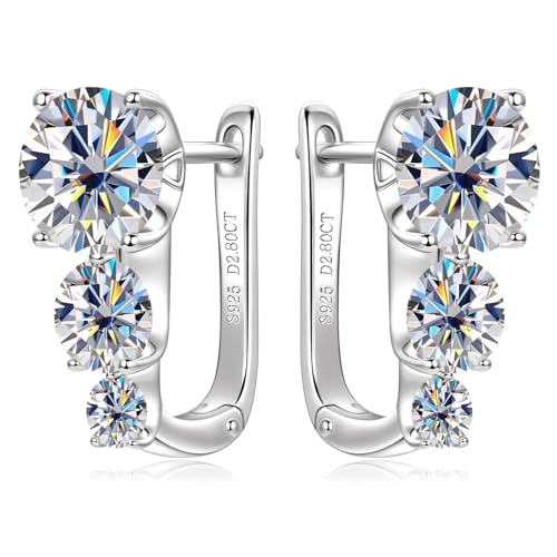 3-Stone Moissanite Hoop Earrings for Women, 5.6cttw D Color VVS1 Clarity 925 Sterling Silver U-Shaped Earrings for Wife Mom Birthday Holiday Jewelry Gifts