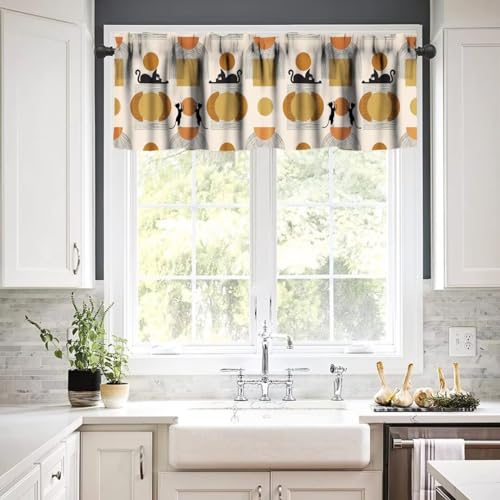 Image of Mid Century Moon Sun Cat Window Valance Curtain, Abstract Geometric Shapes Bohemian Modern Design Window Treatment Valances for Kitchen Living Room Cafe Decor 54'x18', 1 Panel
