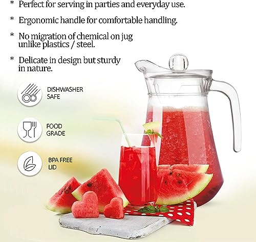 Image of Glass Water Jug - 1300 ml, Transparent Water sering Jug, Hot Cold Water Pitcher with Lid Water Jug, Iced Tea, Milk and Juice Beverage Carafe, Lemon Jug