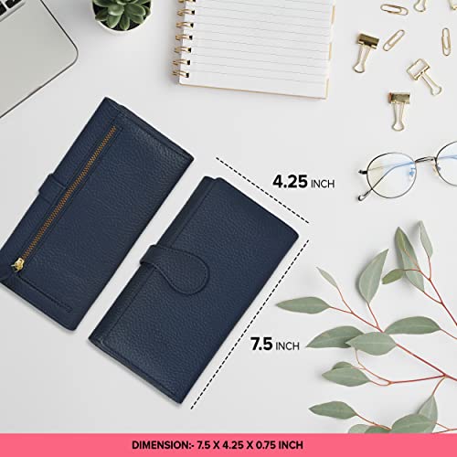 Image of Real Leather Women Wallet Leather with RFID Blocking -Trifold Card Holder Designer Ladies Clutch with ID Window Wallets, Navy, Small, Cfh12
