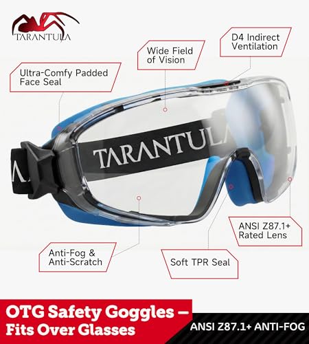 Tarantula ANSI Z87.1+ Safety Goggles Over Glasses, Anti-Fog & Anti-Scratch UV380 Lenses, Adjustable Strap, High-Impact Eye Protection for Lab, Woodworking & DIY