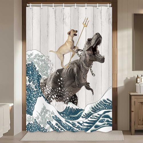 Image of Boziqr Funny Dog Shower Curtain, Japanese Ocean Wave Dinosaur Rustic Barn Door Decor Fabric Bathroom Curtains Set, Cute Animal Kids Polyester Fabric Waterproof, 47 X 64 Inches